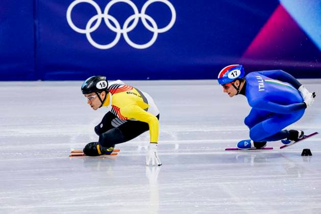 Stijn Desmet of Belgium and Luca Spechenhauser of Italy Men s 1000m, Milano Cortina 2026 Winter Olympics: Day 4, Short Track Speed skating, Eisschnelllauf - Milano Cortina 2026 Winter Olympics: Day 4, Milano Speed Skating Stadium, February 10, 2026, Milan, Italy.
