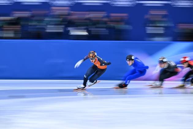 Dutch shorttrack skater Jens van t Wout pictured in action during the Men 1000m heats in the Short Track Speed skating, Eisschnelllauf competition at the Milano Cortina 2026 Olympic Winter games, Winterspiele,Spiele, Summer games on Tuesday 10 February 2026 in Milan, Italy. The XXV Winter Olympics take place from 6 to 22 February 2026 in Italy. JASPERxJACOBS  x162354809x