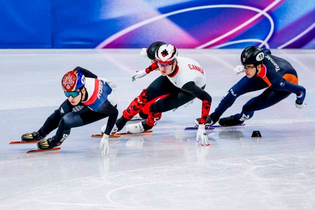 Daeheon Hwang of Republic of Korea and Felix Roussel of Canada and Teun Boer of the Netherlands Men s 1000m, Milano Cortina 2026 Winter Olympics: Day 4, Short Track Speed skating, Eisschnelllauf - Milano Cortina 2026 Winter Olympics: Day 4, Milano Speed Skating Stadium, February 10, 2026, Milan, Italy.