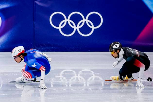 Brandon Kim of United States of America and Roberts Kruzbergs of Latvia Men s 1000m, Milano Cortina 2026 Winter Olympics: Day 4, Short Track Speed skating, Eisschnelllauf - Milano Cortina 2026 Winter Olympics: Day 4, Milano Speed Skating Stadium, February 10, 2026, Milan, Italy.