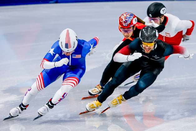 Brandon Kim of United States of America and Roberts Kruzbergs of Latvia and Long Sun of China and Michal Niewinski of Poland Men s 1000m, Milano Cortina 2026 Winter Olympics: Day 4, Short Track Speed skating, Eisschnelllauf - Milano Cortina 2026 Winter Olympics: Day 4, Milano Speed Skating Stadium, February 10, 2026, Milan, Italy.