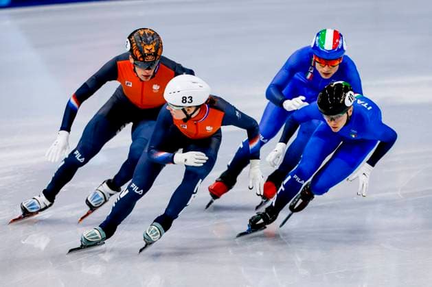 Jens van t Wout of the Netherlands and Selma Poutsma of the Netherlands and Pietro Sighel of Italy and Arianna Fontana of Italy Mixed Team Relay Quarterfinals, Milano Cortina 2026 Winter Olympics: Day 4, Short Track Speed skating, Eisschnelllauf - Milano Cortina 2026 Winter Olympics: Day 4, Milano Speed Skating Stadium, February 10, 2026, Milan, Italy.