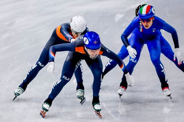 Selma Poutsma of the Netherlands and Xandra Velzeboer of the Netherlands and Arianna Fontana of Italy and Elisa Confortola of Italy Mixed Team Relay Quarterfinals, Milano Cortina 2026 Winter Olympics: Day 4, Short Track Speed skating, Eisschnelllauf - Milano Cortina 2026 Winter Olympics: Day 4, Milano Speed Skating Stadium, February 10, 2026, Milan, Italy.