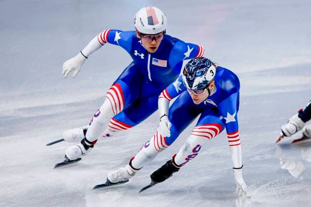Andrew Heo of United States of America and Corinne Stoddard of United States of America Mixed Team Relay Quarterfinals, Milano Cortina 2026 Winter Olympics: Day 4, Short Track Speed skating, Eisschnelllauf - Milano Cortina 2026 Winter Olympics: Day 4, Milano Speed Skating Stadium, February 10, 2026, Milan, Italy.