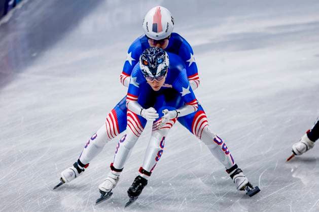 Andrew Heo of United States of America and Corinne Stoddard of United States of America Mixed Team Relay Quarterfinals, Milano Cortina 2026 Winter Olympics: Day 4, Short Track Speed skating, Eisschnelllauf - Milano Cortina 2026 Winter Olympics: Day 4, Milano Speed Skating Stadium, February 10, 2026, Milan, Italy.