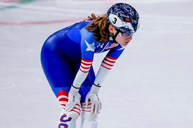 Corinne Stoddard of United States of America llooks on after Mixed Team Relay Quarterfinals, Milano Cortina 2026 Winter Olympics: Day 4, Short Track Speed skating, Eisschnelllauf - Milano Cortina 2026 Winter Olympics: Day 4, Milano Speed Skating Stadium, February 10, 2026, Milan, Italy.
