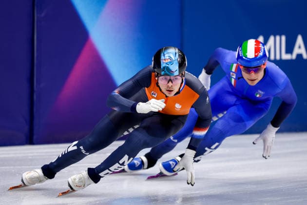 2026-02-10 Short Track Speed skating, Eisschnelllauf - Milano Cortina 2026 Winter Olympics - Day 4 MILAN, ITALY - FEBRUARY 10: Melle van t Wout of the Netherlands competing in the Mixed Team Relay during Day 4 of Short Track Speed Skating - Milano Cortina 2026 Winter Olympics at Milano Ice Skating Arena on February 10, 2026 in Milan, Italy. (Photo by Joris Verwijst BSR Agency) Milan Italy Content not available for redistribution in The Netherlands directly or indirectly through any third parties. Copyright: xBSRxAgencyx