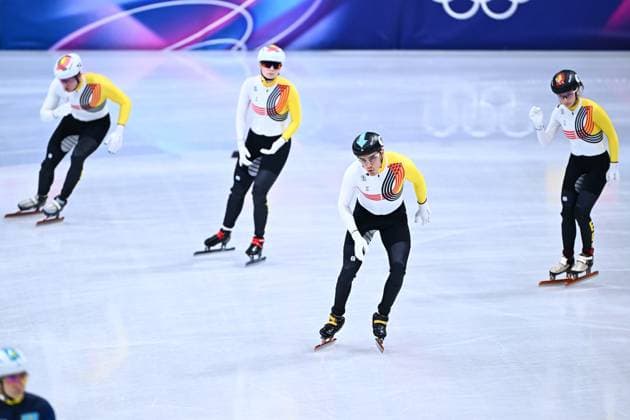 Belgian shorttrack skater Tineke den Dulk, Belgian shorttrack skater Stijn Desmet, Belgian shorttrack skater Ward Petre and Belgian shorttrack skater Hanne Desmet pictured after the quarterfinals of the Mixed Team Relay of the Short Track Speed skating, Eisschnelllauf competition at the Milano Cortina 2026 Olympic Winter games, Winterspiele,Spiele, Summer games on Tuesday 10 February 2026 in Milan, Italy. The XXV Winter Olympics take place from 6 to 22 February 2026 in Italy. JASPERxJACOBS  x162364299x
