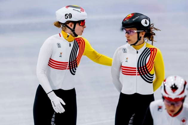 Tineke den Dulk of Belgium and Hanne Desmet of Belgium looks on after Mixed Team Relay Quarterfinals, Milano Cortina 2026 Winter Olympics: Day 4, Short Track Speed skating, Eisschnelllauf - Milano Cortina 2026 Winter Olympics: Day 4, Milano Speed Skating Stadium, February 10, 2026, Milan, Italy.
