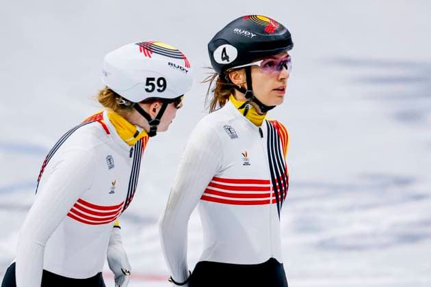 Tineke den Dulk of Belgium and Hanne Desmet of Belgium looks on after Mixed Team Relay Quarterfinals, Milano Cortina 2026 Winter Olympics: Day 4, Short Track Speed skating, Eisschnelllauf - Milano Cortina 2026 Winter Olympics: Day 4, Milano Speed Skating Stadium, February 10, 2026, Milan, Italy.