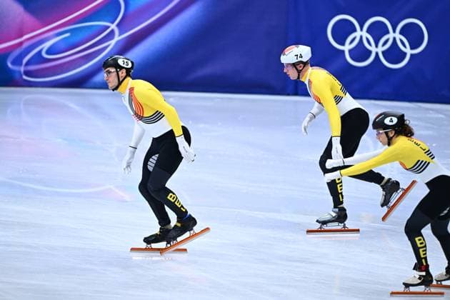 Belgian shorttrack skater Stijn Desmet, Belgian shorttrack skater Ward Petre and Belgian shorttrack skater Hanne Desmet pictured after the quarterfinals of the Mixed Team Relay of the Short Track Speed skating, Eisschnelllauf competition at the Milano Cortina 2026 Olympic Winter games, Winterspiele,Spiele, Summer games on Tuesday 10 February 2026 in Milan, Italy. The XXV Winter Olympics take place from 6 to 22 February 2026 in Italy. JASPERxJACOBS  x162364878x