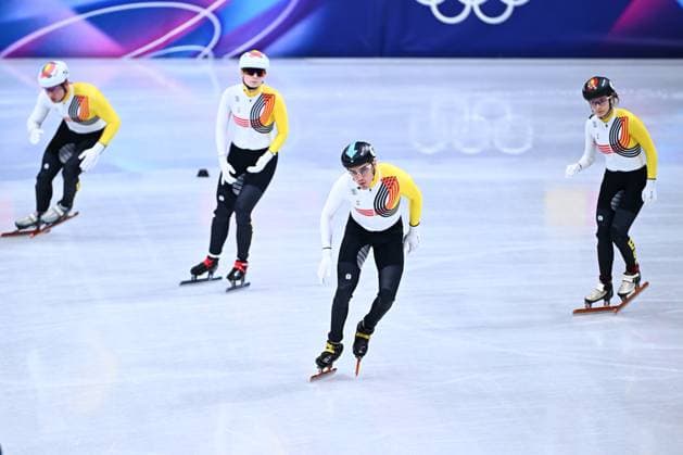 Belgian shorttrack skater Ward Petre, Belgian shorttrack skater Tineke den Dulk, Belgian shorttrack skater Stijn Desmet and Belgian shorttrack skater Hanne Desmet pictured after the quarterfinals of the Mixed Team Relay of the Short Track Speed skating, Eisschnelllauf competition at the Milano Cortina 2026 Olympic Winter games, Winterspiele,Spiele, Summer games on Tuesday 10 February 2026 in Milan, Italy. The XXV Winter Olympics take place from 6 to 22 February 2026 in Italy. JASPERxJACOBS  x162364898x