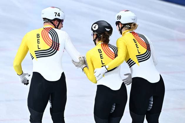 Belgian shorttrack skater Ward Petre, Belgian shorttrack skater Hanne Desmet and Belgian shorttrack skater Tineke den Dulk celebrate after the semifinals of the Mixed Team Relay of the Short Track Speed skating, Eisschnelllauf competition at the Milano Cortina 2026 Olympic Winter games, Winterspiele,Spiele, Summer games on Tuesday 10 February 2026 in Milan, Italy. The XXV Winter Olympics take place from 6 to 22 February 2026 in Italy. JASPERxJACOBS  x162368453x
