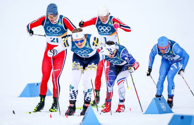 ITALY - FEBRUARY 10, 2026: Erik Valnes of Norway, Edvin Anger of Sweden, Johannes Hoesflot Klaebo of Norway, Jules Chappaz of France and Elia Barp of Italy (L-R) compete in the men s cross-country skiing sprint classic quarterfinal at Tesero Cross-Country Stadium during the 2026 Winter Olympic Games, Olympische Spiele, Olympia, OS Peter Kovalev TASS  88476729