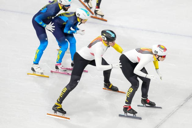 2026-02-10 - Milano Cortina 2026 Winter Olympics MILAN, ITALY - FEBRUARY 10: Denis Nikisha of Kazakhstan, Yana Khan of Kazakhstan, Stijn Desmet of Belgium, Tineke den Dulk of Belgium performing on the Mixed Team Relay - Quarterfinals during the Milano Cortina 2026 Winter Olympics at the Milano Ice Skating Arena on February 10, 2026 in Milan, Italy Milan Milano Ice Skating Arena Italy Content not available for redistribution in The Netherlands directly or indirectly through any third parties. Copyright: xAndrexWeeningx