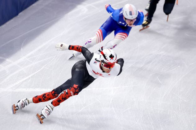 2026-02-10 Short Track Speed skating, Eisschnelllauf - Milano Cortina 2026 Winter Olympics - Day 4 MILAN, ITALY - FEBRUARY 10: William Dandjinou of Canada competing in the Mixed Team Relay during Day 4 of Short Track Speed Skating - Milano Cortina 2026 Winter Olympics at Milano Ice Skating Arena on February 10, 2026 in Milan, Italy. (Photo by Joris Verwijst BSR Agency) Milan Italy Content not available for redistribution in The Netherlands directly or indirectly through any third parties. Copyright: xBSRxAgencyx