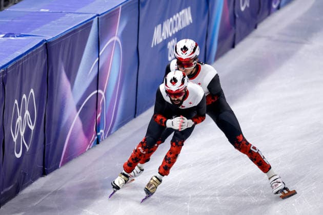 2026-02-10 Short Track Speed skating, Eisschnelllauf - Milano Cortina 2026 Winter Olympics - Day 4 MILAN, ITALY - FEBRUARY 10: William Dandjinou of Canada, Steven Dubois of Canada competing in the Mixed Team Relay during Day 4 of Short Track Speed Skating - Milano Cortina 2026 Winter Olympics at Milano Ice Skating Arena on February 10, 2026 in Milan, Italy. (Photo by Joris Verwijst BSR Agency) Milan Italy Content not available for redistribution in The Netherlands directly or indirectly through any third parties. Copyright: xBSRxAgencyx