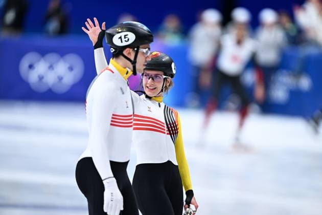 Belgian shorttrack skater Stijn Desmet and Belgian shorttrack skater celebrate their bronze medal in the Final of the Mixed Team Relay of the Short Track Speed skating, Eisschnelllauf competition at the Milano Cortina 2026 Olympic Winter games, Winterspiele,Spiele, Summer games on Tuesday 10 February 2026 in Milan, Italy. The XXV Winter Olympics take place from 6 to 22 February 2026 in Italy. JASPERxJACOBS  x162372027x