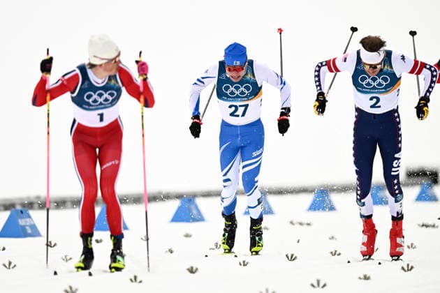 LKS 20260210 Johannes Høsflot Klæbo (L) of Norway, Lauri Vuorinen of Finland and Ben Ogden of USA compete during the men s Sprint Classic Semi Finals at the Milano Cortina Winter Olympics at the Tesero Cross Country Skiing Stadium on February 10, 2026. - RONI REKOMAA Tesero Italy PLBDGGY2LGg  Copyright: xRonixRekomaax PLBDGGY2LGg