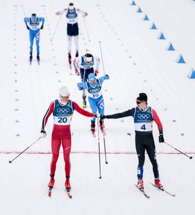 260210 Oskar Opstad Vike of Norway and Jiri Tuz of Czech Republic celebrate after competing in the men s classic technique cross-country skiing sprint quarter final during day 4 of the 2026 Winter Olympics on February 10, 2026 in Val di Fiemme. Photo: Joel Marklund BILDBYRAN kod JM MT0970 skidor cross-country skiing langrenn Olympic Games, Olympische Spiele, Olympia, OS olympics winter olympics os ol olympiska spel vinter-os olympiske leker milano cortina 2026 milan cortina 2026 milano cortina 2026 olympic games milano cortina 2026 winter olympic games milano cortina-os milano cortina-ol vinter-ol 4 bbeng sprint norge tjeckien jubel *** 260210 Oskar Opstad Vike of Norway and Jiri Tuz of Czech Republic celebrate after competing in the men s classic technique cross country skiing sprint quarter final during day 4 of the 2026 Winter Olympics on February 10, 2026 in Val di Fiemme Photo Joel Marklund BILDBYRAN kod JM MT0970 skidor cross country skiing langrenn olympic games olympics winter olympics os ol olympiska spel vinter os olympiske leker milano cortina 2026 milan cortina 2026 milano cortina 2026 olympic games milano cortina 2026 winter olympic games milano cortina os milano cortina ol vinter ol 4 bbeng sprint norge tjeckien jubel  Copyright: JOELxMARKLUND BB260210JM109
