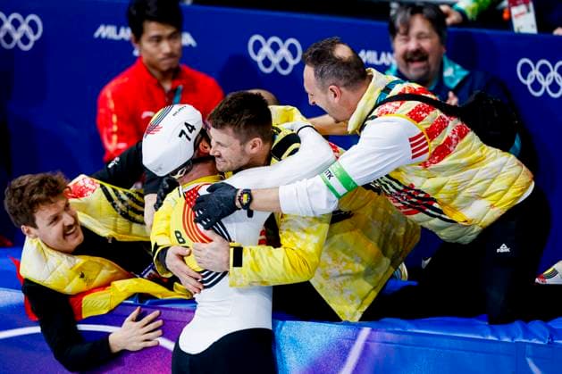 third team of Belgium and Ward Petre of Belgium celebrates after Mixed Team Relay Finals, Milano Cortina 2026 Winter Olympics: Day 4, Short Track Speed skating, Eisschnelllauf - Milano Cortina 2026 Winter Olympics: Day 4, Milano Speed Skating Stadium, February 10, 2026, Milan, Italy.