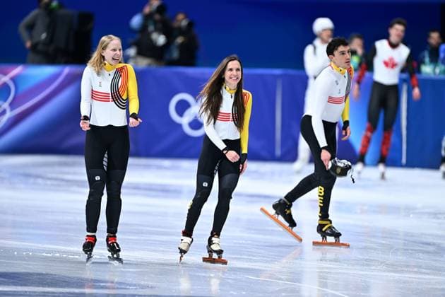 Belgian shorttrack skater Tineke den Dulk, Belgian shorttrack skater Hanne Desmet and Belgian shorttrack skater Stijn Desmet celebrate a bronze medal in the Final of the Mixed Team Relay of the Short Track Speed skating, Eisschnelllauf competition at the Milano Cortina 2026 Olympic Winter games, Winterspiele,Spiele, Summer games on Tuesday 10 February 2026 in Milan, Italy. The XXV Winter Olympics take place from 6 to 22 February 2026 in Italy. JASPERxJACOBS  x162373189x