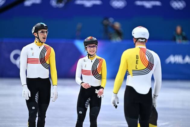 Belgian shorttrack skater Stijn Desmet, Belgian shorttrack skater Hanne Desmet and Belgian shorttrack skater Ward Petre celebrate a bronze medal in the Final of the Mixed Team Relay of the Short Track Speed skating, Eisschnelllauf competition at the Milano Cortina 2026 Olympic Winter games, Winterspiele,Spiele, Summer games on Tuesday 10 February 2026 in Milan, Italy. The XXV Winter Olympics take place from 6 to 22 February 2026 in Italy. JASPERxJACOBS  x162373438x
