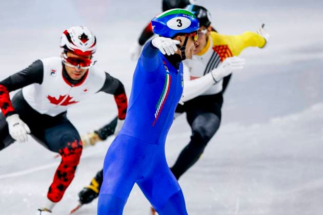 winner team of Italy and Pietro Sighel of Italy celebrates after Mixed Team Relay Finals, Milano Cortina 2026 Winter Olympics: Day 4, Short Track Speed skating, Eisschnelllauf - Milano Cortina 2026 Winter Olympics: Day 4, Milano Speed Skating Stadium, February 10, 2026, Milan, Italy.