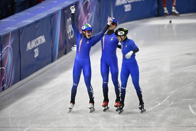 Winter Olympics - Short Track Speed skating, Eisschnelllauf Mixed Team Relay Elisa Confortola, Pietro Sighel and Arianna Fontana of Team Italy celebrate during the Mixed relay short track event Milano Cortina 2026 Winter Olympics - Day 6 on February 10, 2026 at the Ice Skating Arena in Milan, Italy. Photo by JMP ABACAPRESS.COM Milan Italy  Copyright: xJMP ABACAx