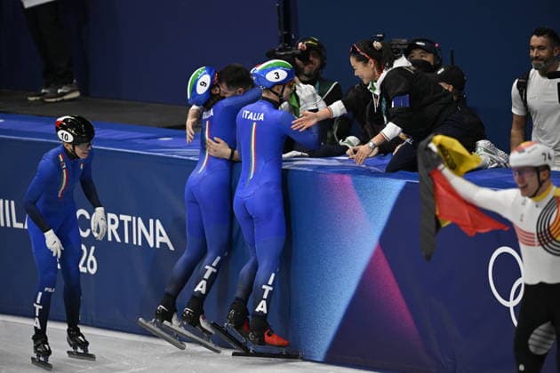 Winter Olympics - Short Track Speed skating, Eisschnelllauf Mixed Team Relay Elisa Confortola, Pietro Sighel and Arianna Fontana of Team Italy celebrate during the Mixed relay short track event Milano Cortina 2026 Winter Olympics - Day 6 on February 10, 2026 at the Ice Skating Arena in Milan, Italy. Photo by JMP ABACAPRESS.COM Milan Italy  Copyright: xJMP ABACAx