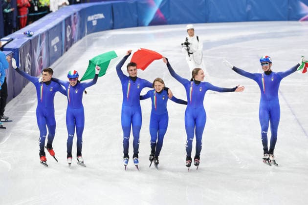 Winter Olympics - Short Track Speed skating, Eisschnelllauf Mixed Team Relay Team Italy during Mixed Team Relay of the Short Track Speed Skating at the Milano Cortina 2026 Winter Olympic Games, Olympische Spiele, Olympia, OS in Milan, Italy on February 10, 2026. Photo by Alexis Jumeau ABACAPRESS.COM Milan Italy  Copyright: xJumeauxAlexis ABACAx