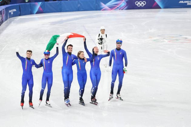 Winter Olympics - Short Track Speed skating, Eisschnelllauf Mixed Team Relay Team Italy during Mixed Team Relay of the Short Track Speed Skating at the Milano Cortina 2026 Winter Olympic Games, Olympische Spiele, Olympia, OS in Milan, Italy on February 10, 2026. Photo by Alexis Jumeau ABACAPRESS.COM Milan Italy  Copyright: xJumeauxAlexis ABACAx