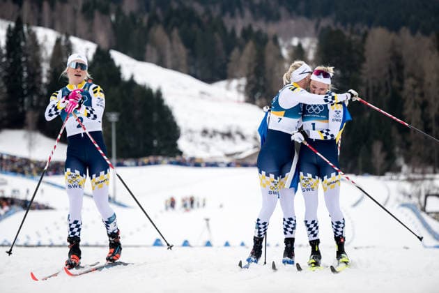 260210 Jonna Sundling, Linn Svahn and Maja Dahlqvist of Sweden celebrate after women s classic technique cross-country skiing sprint final during day 4 of the 2026 Winter Olympics on February 10, 2026 in Val di Fiemme. Photo: Maxim Thore BILDBYRAN kod MT MT0969 skidor cross-country skiing langrenn Olympic Games, Olympische Spiele, Olympia, OS olympics winter olympics os ol olympiska spel vinter-os olympiske leker milano cortina 2026 milan cortina 2026 milano cortina 2026 olympic games milano cortina 2026 winter olympic games milano cortina-os milano cortina-ol vinter-ol 4 bbeng sprint jubel sverige *** 260210 Jonna Sundling, Linn Svahn and Maja Dahlqvist of Sweden celebrate after women s classic technique cross country skiing sprint final during day 4 of the 2026 Winter Olympics on February 10, 2026 in Val di Fiemme Photo Maxim Thore BILDBYRAN kod MT MT0969 skidor cross country skiing langrenn olympic games olympics winter olympics os ol olympiska spel vinter os olympiske leker milano cortina 2026 milan cortina 2026 milano cortina 2026 olympic games milano cortina 2026 winter olympic games milano cortina os milano cortina ol vinter ol 4 bbeng sprint jubel sverige  Copyright: MAXIMxTHORE BB260210MT150
