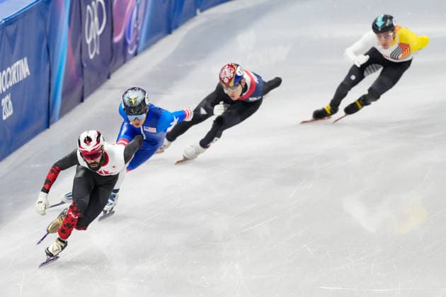2026-02-10 - Milano Cortina 2026 Winter Olympics MILAN, ITALY - FEBRUARY 10: Steven Dubois of Canada, Brandon Kim of United States, Jongun Rim of Republic of Korea, Stijn Desmet of Belgium performing on the Mixed Team Relay - Semifinals during the Milano Cortina 2026 Winter Olympics at the Milano Ice Skating Arena on February 10, 2026 in Milan, Italy Milan Milano Ice Skating Arena Italy Content not available for redistribution in The Netherlands directly or indirectly through any third parties. Copyright: xAndrexWeeningx