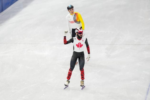 2026-02-10 - Milano Cortina 2026 Winter Olympics MILAN, ITALY - FEBRUARY 10: Steven Dubois of Canada, Stijn Desmet of Belgium performing on the Mixed Team Relay - Semifinals during the Milano Cortina 2026 Winter Olympics at the Milano Ice Skating Arena on February 10, 2026 in Milan, Italy Milan Milano Ice Skating Arena Italy Content not available for redistribution in The Netherlands directly or indirectly through any third parties. Copyright: xAndrexWeeningx