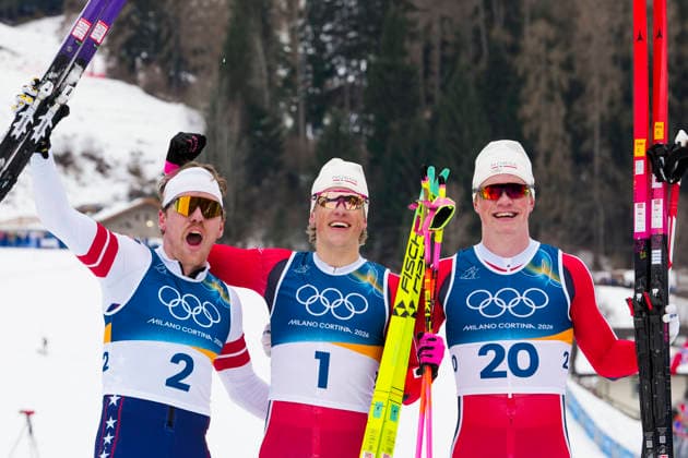 Winter Olympics in Milan Cortina 2026 Val di Fiemme, Italy 20260210. Ben Ogden from the USA, Johannes Hoesflot Klaebo from Norway and Oskar Opstad Vike from Norway cheer during the cross-country sprint finals at the Tesero stadium during the Winter Olympics in Milano Cortina 2026. Photo: Lise Aaserud NTB Val di Fiemme Italy EDITORIAL USE ONLY. RESTRICTED USE FOR BETTING COMPANIES Ref:_SPOl3wajv2eTq8.jpg *** Winter Olympics in Milan Cortina 2026 Val di Fiemme, Italy 20260210 Ben Ogden from the USA, Johannes Hoesflot Klaebo from Norway and Oskar Opstad Vike from Norway cheer during the cross country sprint finals at the Tesero stadium during the Winter Olympics in Milano Cortina 2026 Photo Lise Aaserud NTB Val di Fiemme Italy EDITORIAL USE ONLY RESTRICTED USE FOR BETTING COMPANIES  Copyright: xLisexAserudx xNTBx