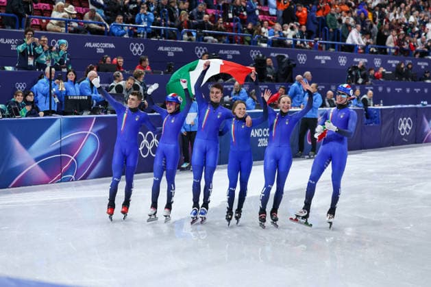 GIOCHI OLIMPICI - Olimpiadi Invernali Milano-Cortina 2026 - Short Track Speed skating, Eisschnelllauf Mixed Team Relay Finals Team Italia during the Olympic Winter Milano-Cortina 2026 Shirt Track Speed Skating Team Relay on February 10, 2026 at Milano Ice Skating Arena in Milan, Italy Cortina D Ampezzo Italy  Copyright: xIPAxSport ABACAx