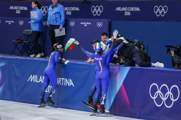 GIOCHI OLIMPICI - Olimpiadi Invernali Milano-Cortina 2026 - Short Track Speed skating, Eisschnelllauf Mixed Team Relay Finals Team Italia during the Olympic Winter Milano-Cortina 2026 Shirt Track Speed Skating Team Relay on February 10, 2026 at Milano Ice Skating Arena in Milan, Italy Cortina D Ampezzo Italy  Copyright: xIPAxSport ABACAx