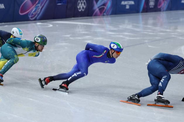 GIOCHI OLIMPICI - Olimpiadi Invernali Milano-Cortina 2026 - Short Track Speed skating, Eisschnelllauf Mixed Team Relay Finals Pietro Sighel (ITA) during the Olympic Winter Milano-Cortina 2026 Shirt Track Speed Skating Men s 1000m Heats on February 10, 2026 at Milano Ice Skating Arena in Milan, Italy Cortina D Ampezzo Italy  Copyright: xIPAxSport ABACAx