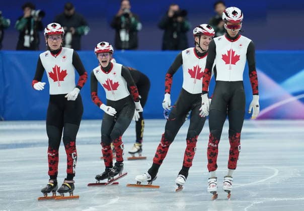 February 10, 2026, Milan, ITALY: Team Canada celebrates after winning a silver in the team mixed relay short track Speed skating, Eisschnelllauf at the 2026 Winter Olympics, in Milan, Italy, Tuesday, Feb. 10, 2026. Canada News - February 10, 2026  - ZUMAc35_ 20260210_zaf_c35_050 Copyright: xDarrylxDyckx