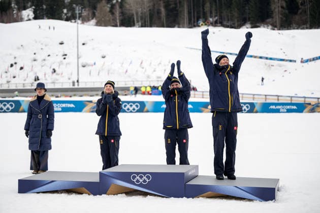 260210 Jonna Sundling of Sweden, Linn Svahn of Sweden and Maja Dahlqvist of Sweden celebrate on the podium after the men s classic technique cross-country skiing sprint quarter final during day 4 of the 2026 Winter Olympics on February 10, 2026 in Val di Fiemme. Photo: Maxim Thore BILDBYRAN kod MT MT0970 skidor cross-country skiing langrenn Olympic Games, Olympische Spiele, Olympia, OS olympics winter olympics os ol olympiska spel vinter-os olympiske leker milano cortina 2026 milan cortina 2026 milano cortina 2026 olympic games milano cortina 2026 winter olympic games milano cortina-os milano cortina-ol vinter-ol 4 bbeng sprint sverige jubel os-guld silver brons bronze gold *** 260210 Jonna Sundling of Sweden, Linn Svahn of Sweden and Maja Dahlqvist of Sweden celebrate on the podium after the men s classic technique cross country skiing sprint quarter final during day 4 of the 2026 Winter Olympics on February 10, 2026 in Val di Fiemme Photo Maxim Thore BILDBYRAN kod MT MT0970 skidor cross country skiing langrenn olympic games olympics winter olympics os ol olympiska spel vinter os olympiske leker milano cortina 2026 milan cortina 2026 milano cortina 2026 olympic games milano cortina 2026 winter olympic games milano cortina os milano cortina ol vinter ol 4 bbeng sprint sverige jubel os guld silver brons bronze gold  Copyright: MAXIMxTHORE BB260210MT169