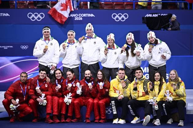 The Canadian team, the Italian team and The Belgian Ice Bear s shorttrack relay team celebrate on the podium of the Mixed Team Relay of the Short Track Speed skating, Eisschnelllauf competition at the Milano Cortina 2026 Olympic Winter games, Winterspiele,Spiele, Summer games on Tuesday 10 February 2026 in Milan, Italy. The XXV Winter Olympics take place from 6 to 22 February 2026 in Italy. JASPERxJACOBS  x162381549x