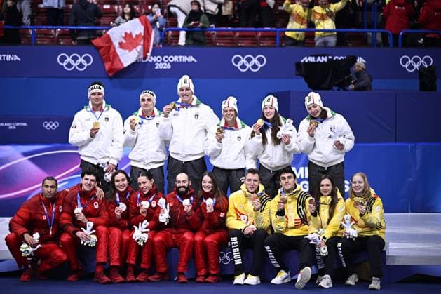The Canadian team, the Italian team and The Belgian Ice Bear s shorttrack relay team celebrate on the podium of the Mixed Team Relay of the Short Track Speed skating, Eisschnelllauf competition at the Milano Cortina 2026 Olympic Winter games, Winterspiele,Spiele, Summer games on Tuesday 10 February 2026 in Milan, Italy. The XXV Winter Olympics take place from 6 to 22 February 2026 in Italy. JASPERxJACOBS  x162381589x