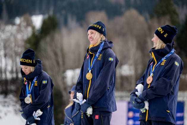 260210 Jonna Sundling of Sweden, Linn Svahn and Maja Dahlqvist of Sweden celebrate on the podium after women s classic technique cross-country skiing sprint final during day 4 of the 2026 Winter Olympics on February 10, 2026 in Val di Fiemme. Photo: Joel Marklund BILDBYRAN kod JM MT0970 skidor cross-country skiing langrenn Olympic Games, Olympische Spiele, Olympia, OS olympics winter olympics os ol olympiska spel vinter-os olympiske leker milano cortina 2026 milan cortina 2026 milano cortina 2026 olympic games milano cortina 2026 winter olympic games milano cortina-os milano cortina-ol vinter-ol 4 bbeng sprint jubel sverige os-guld silver brons bronze gold *** 260210 Jonna Sundling of Sweden, Linn Svahn and Maja Dahlqvist of Sweden celebrate on the podium after women s classic technique cross country skiing sprint final during day 4 of the 2026 Winter Olympics on February 10, 2026 in Val di Fiemme Photo Joel Marklund BILDBYRAN kod JM MT0970 skidor cross country skiing langrenn olympic games olympics winter olympics os ol olympiska spel vinter os olympiske leker milano cortina 2026 milan cortina 2026 milano cortina 2026 olympic games milano cortina 2026 winter olympic games milano cortina os milano cortina ol vinter ol 4 bbeng sprint jubel sverige os guld silver brons bronze gold  Copyright: JOELxMARKLUND BB260210JM141