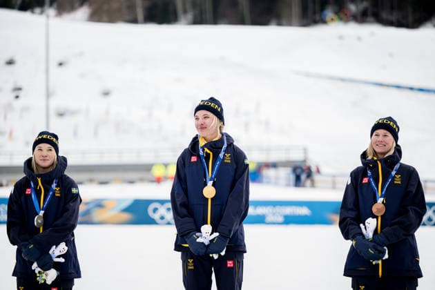 260210 Jonna Sundling of Sweden, Linn Svahn and Maja Dahlqvist of Sweden celebrate on the podium after women s classic technique cross-country skiing sprint final during day 4 of the 2026 Winter Olympics on February 10, 2026 in Val di Fiemme. Photo: Maxim Thore BILDBYRAN kod MT MT0970 skidor cross-country skiing langrenn Olympic Games, Olympische Spiele, Olympia, OS olympics winter olympics os ol olympiska spel vinter-os olympiske leker milano cortina 2026 milan cortina 2026 milano cortina 2026 olympic games milano cortina 2026 winter olympic games milano cortina-os milano cortina-ol vinter-ol 4 bbeng sprint *** 260210 Jonna Sundling of Sweden, Linn Svahn and Maja Dahlqvist of Sweden celebrate on the podium after women s classic technique cross country skiing sprint final during day 4 of the 2026 Winter Olympics on February 10, 2026 in Val di Fiemme Photo Maxim Thore BILDBYRAN kod MT MT0970 skidor cross country skiing langrenn olympic games olympics winter olympics os ol olympiska spel vinter os olympiske leker milano cortina 2026 milan cortina 2026 milano cortina 2026 olympic games milano cortina 2026 winter olympic games milano cortina os milano cortina ol vinter ol 4 bbeng sprint  Copyright: MAXIMxTHORE BB260210MT170