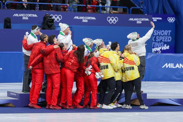 the podium during the Olympic Winter Milano-Cortina 2026 Shirt Track Speed skating, Eisschnelllauf Team Relay on February 10, 2026 at Milano Ice Skating Arena in Milan, Italy5  Copyright: xFabrizioxCarabelli IPAxSportx xipa-agency.netx xx IPA_71221622 IPA_Agency_IPA71221622
