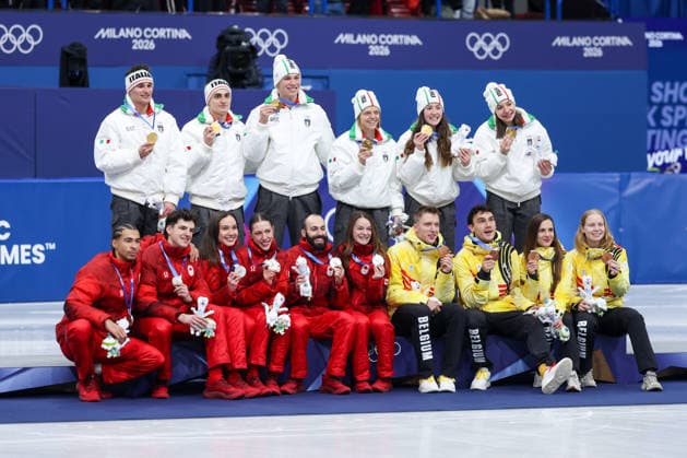 the podium during the Olympic Winter Milano-Cortina 2026 Shirt Track Speed skating, Eisschnelllauf Team Relay on February 10, 2026 at Milano Ice Skating Arena in Milan, Italy5  Copyright: xFabrizioxCarabelli IPAxSportx xipa-agency.netx xx IPA_71221623 IPA_Agency_IPA71221623