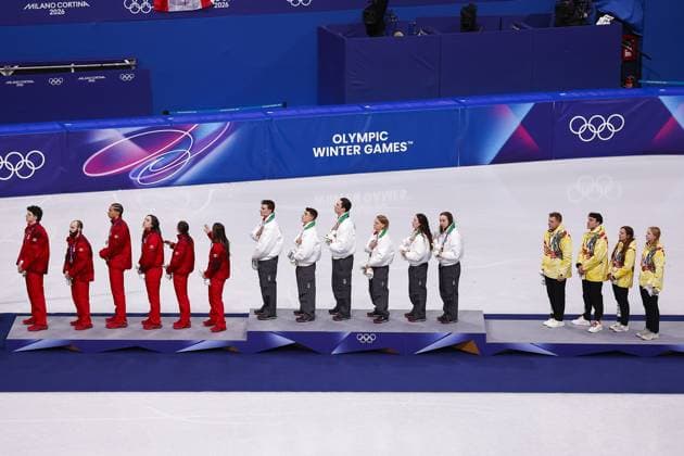 MILAN , 10-02-2026 , Milano Ice Skating Arena , season 2025 2026 , Olympic Winter games, Winterspiele,Spiele, Summer games 2026 - Short Track 10-02, Picture shows Mixed relay silver Canada, gold Italy, bronze Belgium Olympic Winter Games 2026 - Short Track 10-02  x201460897x Copyright: