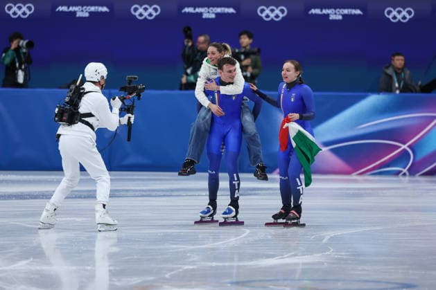 Team Italia during the Olympic Winter Milano-Cortina 2026 Shirt Track Speed skating, Eisschnelllauf Team Relay on February 10, 2026 at Milano Ice Skating Arena in Milan, Italy  Copyright: xFabrizioxCarabelli IPAxSportx xipa-agency.netx xx IPA_71221632 IPA_Agency_IPA71221632