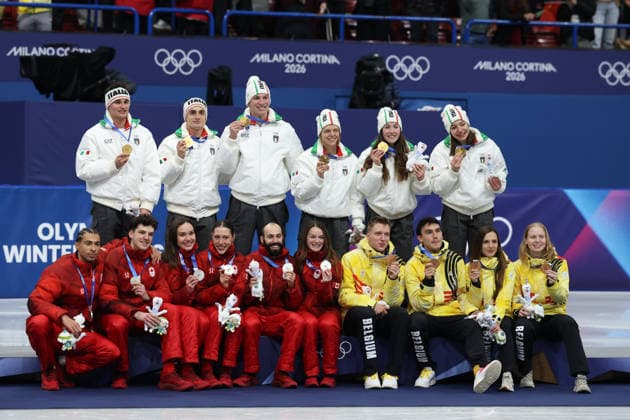 February 10, 2026, Milan, Lombardy, Italy: Team ITALY, CANADA and BELGIUM are the gold, silver and bronze medal winners in the Mixed Team Relay final of the Short Track Speed skating, Eisschnelllauf at the Milano Cortina 2026 Winter Olympic Games, Olympische Spiele, Olympia, OS Milan Italy - ZUMAc179 20260210_oly_c179_041 Copyright: xMickaelxChavetx